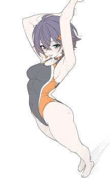 Rule 34 | 1girl, :p, alternate costume, arched back, arm up, armpits, arms up, bare legs, belle (zenless zone zero), black choker, black one-piece swimsuit, blue hair, breasts, choker, commentary, competition swimsuit, covered navel, english commentary, green eyes, hair ornament, highres, letter hair ornament, looking at viewer, medium breasts, one-piece swimsuit, revision, short hair, simple background, smile, solo, standing, swimsuit, t1kosewad, tongue, tongue out, wet, white background, zenless zone zero