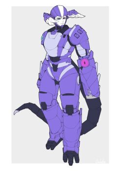 1girl blue_eyes commentary english_commentary full_body head_wings heterochromia mecha mecha_focus mechanical_arms mechanical_legs mechanical_tail mechanization moist_owlette nijisanji nijisanji_en purple_eyes robot selen_tatsuki signature solo tail transformers virtual_youtuber wings