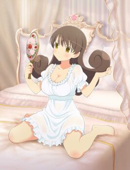 1girl adjusting_hair aimu_(senran_kagura) barefoot bedroom body_blush breasts brown_eyes cleavage closed_mouth collarbone curled_ends curly_hair dress floral_print frilled_nightgown frilled_pajamas frills game_cg hand_mirror holding holding_mirror indoors knee_blush large_breasts looking_at_mirror mirror nightgown official_art on_bed pajamas puffy_short_sleeves puffy_sleeves rose_print scoop_neck senran_kagura senran_kagura_new_wave short_sleeves sitting solo v-shaped_eyebrows wariza white_dress white_nightgown white_pajamas