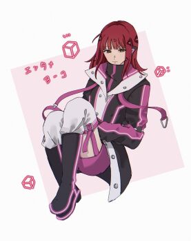 Rule 34 | 1girl, ankle boots, belt, black boots, black jacket, blunt bangs, boots, commentary, full body, garter straps, highres, jacket, katori youko, knees up, long hair, long sleeves, multicolored jacket, pouch, purple jacket, purple shorts, red hair, shorts, solo, thighhighs, turtleneck, white background, white jacket, white thighhighs, world trigger, wt fuduki, yellow eyes