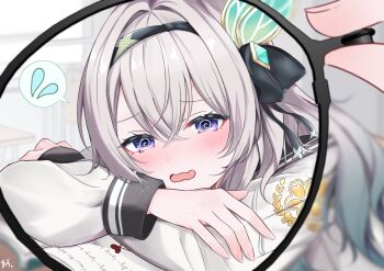 1girl 1other @_@ black_hairband black_order_uniform black_ribbon black_sailor_collar black_sleeves blush crossed_arms firefly_(honkai:_star_rail) firefly_(spring_missive)_(honkai:_star_rail) glasses gradient_eyes grey_hair hair_between_eyes hair_intakes hair_ornament hairband highres holding holding_removed_eyewear honkai:_star_rail honkai_(series) lying multicolored_eyes open_mouth ribbon sailor_collar sweatdrop tiizumaru98 unworn_eyewear white_sleeves