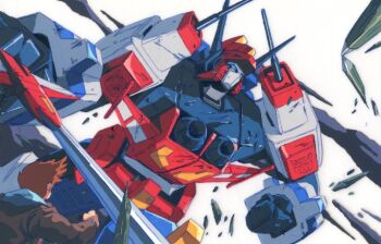 2boys autobot blue_eyes blue_hoodie brown_hair brown_jacket clenched_hand holding holding_sword holding_weapon hood hoodie jacket looking_up marble-v mecha minakaze_jan multiple_boys robot science_fiction star_saber_(transformers) sword transformers transformers_victory weapon white_background