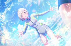 Rule 34 | 2girls, :o, beach, blue sky, bob cut, breasts, cloud, colored inner hair, diagonal bangs, game cg, grey wetsuit, hair ornament, hairclip, highres, inverted bob, leg up, link! like! love live!, long sleeves, looking at another, love live!, multicolored hair, multiple girls, murano sayaka, official art, open hands, out of frame, pink eyes, red hair, short hair, sky, small breasts, solo focus, splashing, springsuit, streaked hair, third-party source, virtual youtuber, water, water drop, white hair, yugiri tsuzuri
