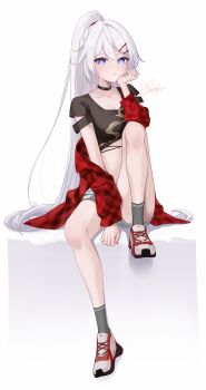 1girl absurdres alternate_costume artist_name black_choker black_shirt blue_eyes breasts choker cleavage cropped_shirt grey_socks high_ponytail highres honkai_(series) honkai_impact_3rd jacket kiana_kaslana kiana_kaslana_(ba-dum!_fiery_wishing_star) knee_up long_hair medium_breasts ponytail red_jacket rinna_(xxrinna) shirt shoes short_shorts shorts simple_background sitting socks solo star-shaped_pupils star_(symbol) stomach symbol-shaped_pupils very_long_hair white_background white_hair white_shoes white_shorts