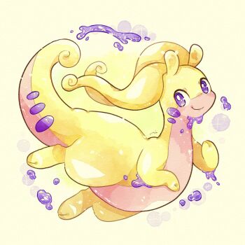 Rule 34 | 1other, antennae, bright pupils, colored skin, full body, gen 6 pokemon, goodra, highres, looking at viewer, miketoevecan, multicolored skin, nintendo, pink skin, pokemon, pokemon (creature), purple eyes, simple background, slime (substance), slug, smile, solo, standing, two-tone skin, white pupils, yellow background, yellow skin