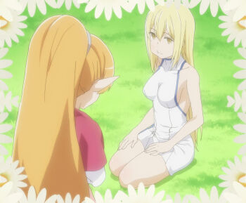 2girls aiz_wallenstein bare_shoulders blonde_hair blush breasts brown_hair closed_eyes collarbone dress dungeon_ni_deai_wo_motomeru_no_wa_machigatteiru_darou_ka female_focus full_body kneeling large_breasts lefiya_viridis legs long_hair looking_up miniskirt multiple_girls no_bra pointy_ears ponytail pout sexually_suggestive sideboob sitting skirt sleeveless sleeveless_dress sword_oratoria thighs white_dress white_skirt yellow_eyes