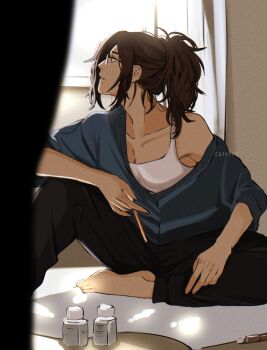 1girl artist_name barefoot black_pants blue_cardigan breasts brown_hair cardigan catyyps cleavage glasses hange_zoe highres holding holding_brush long_hair medium_breasts pants parted_bangs parted_lips ponytail shingeki_no_kyojin single_bare_shoulder sitting solo sunlight tank_top white_tank_top window