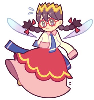 Rule 34 | 1girl, black hair, braid, crown, fairy, fairy wings, glasses, highres, kirby (series), kirby 64, long hair, long skirt, low twin braids, nintendo, pink skirt, ripple star queen, skirt, sleeves past fingers, sleeves past wrists, smile, twin braids, wings, yatsunote