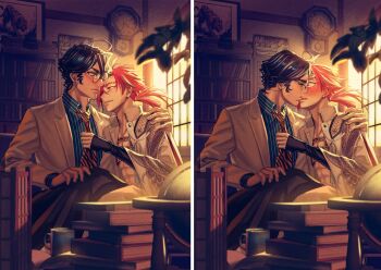 Rule 34 | 2boys, animal print, bevel, black hair, blush, book, book stack, bookshelf, clock, collared shirt, commentary request, fate/grand order, fate (series), glasses, globe, grey jacket, hakama, hand on another's shoulder, indoors, jacket, japanese clothes, kiss, looking at another, male focus, multiple boys, necktie, print necktie, red eyes, round eyewear, shirt, short hair, takasugi shinsaku (fate), tiger print, toned, toned male, yaoi, yoshida shouin (fate)