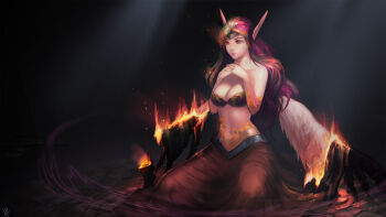1girl black_wings breasts burning burning_hair circlet cleavage female_focus fire highres instant_ip large_breasts league_of_legends lips long_hair morgana_(league_of_legends) pointy_ears purple_hair red_eyes revision seiza sitting solo wings