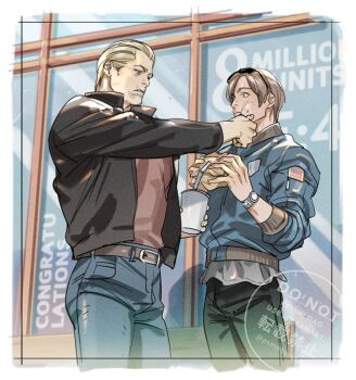 2boys american_flag black_jacket black_pants blonde_hair blue_eyes blue_jacket blue_pants bomber_jacket border brown_hair brown_shirt burger commentary_request cowboy_shot cup denim disposable_cup eyewear_on_head food food_on_face grey_shirt hair_slicked_back hand_on_another's_cheek hand_on_another's_face holding holding_burger holding_cup holding_food jack_krauser jacket jeans leon_s._kennedy light_blush looking_at_viewer male_focus multiple_boys pants parted_bangs parted_lips resident_evil scar scar_on_face scar_on_mouth shirt short_hair sunglasses tatsumi_(psmhbpiuczn) twitter_username watch white_border wristwatch