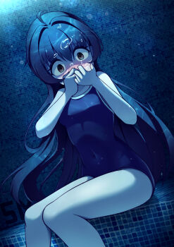 1girl absurdres ahoge air_bubble asphyxiation blowing_bubbles blue_hair blush breasts bubble collarbone competition_school_swimsuit contortiong covered_navel covering_own_mouth double-parted_bangs feet_out_of_frame highres holding_breath long_hair medium_breasts one-piece_swimsuit original overlighting pool school_swimsuit sidelocks sitting solo swimsuit tile_mosaic underwater
