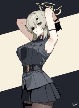 Rule 34 | 1girl, absurdres, arm strap, armpits, arms behind back, arms up, artist name, belt, black choker, black gloves, black shirt, black skirt, blonde hair, blue archive, breasts, choker, collared shirt, commentary, cowboy, cowboy shot, eyepatch, gloves, green eyes, halo, high belt, highres, holster, large breasts, ll 0109, loose necktie, medium hair, necktie, one eye covered, pantyhose, pleated skirt, presenting armpit, shirt, signature, skirt, sleeveless, sleeveless shirt, solo, suou (blue archive), thigh holster, western, yellow halo