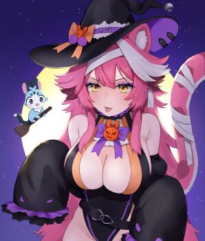 1girl animal_ears armpit_crease bandaged_tail bare_shoulders bell belt black_belt black_hat black_leotard black_sleeves blush bow bowtie breasts chattino_(raora_panthera) cleavage closed_mouth commentary detached_sleeves english_commentary eyeshadow full_moon halloween hat hat_bell hat_bow highres hololive hololive_english jingle_bell large_breasts leotard long_hair long_sleeves makeup moon multicolored_hair night norei orange_bow panther_ears panther_girl panther_tail pink_hair pink_tail purple_bow purple_bowtie purple_eyeshadow purple_hat purple_sky raora_panthera sky sleeves_past_fingers sleeves_past_wrists star_(sky) starry_sky streaked_hair tail tongue tongue_out two-tone_hair virtual_youtuber yellow_eyes
