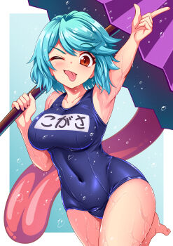 1girl :d ;p absurdres aqua_hair blue_eyes blue_one-piece_swimsuit breasts commentary_request commission covered_navel heterochromia highres hijikawa_arashi karakasa_obake looking_at_viewer medium_breasts one-piece_swimsuit one_eye_closed open_mouth pixiv_commission purple_umbrella red_eyes school_swimsuit short_hair smile solo swimsuit tatara_kogasa teeth tongue tongue_out touhou umbrella upper_teeth_only water_drop wet