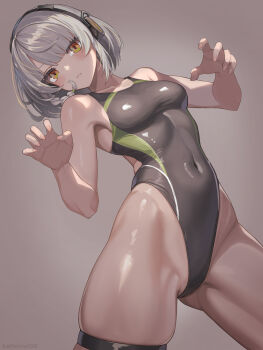 1girl alternate_costume anby_demara artist_name bare_arms bare_shoulders black_one-piece_swimsuit blunt_bangs blush braid breasts brown_background claw_pose closed_mouth collarbone commentary competition_swimsuit covered_navel cowboy_shot fingernails gluteal_fold gradient_background grey_hair groin hands_up headphones highleg highleg_one-piece_swimsuit highres kaffeine100 leotard looking_at_viewer medium_breasts one-piece_swimsuit revision short_hair side_braid single_braid skindentation solo standing swimsuit thigh_strap yellow_eyes zenless_zone_zero