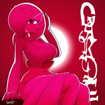 1girl arm_at_side artist_name backlighting bob_cut breasts character_name closed_mouth fang female_focus gardevoir gen_3_pokemon hair_over_one_eye hand_up highres large_breasts looking_afar looking_to_the_side mature_female monochrome nintendo one_eye_covered open_mouth pearboy-ooh pokemon pokemon_(creature) red_background red_theme short_hair signature sitting solo