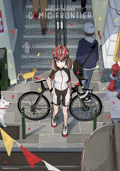 1girl bag beanie bicycle bicycle_helmet bike_jersey black_bag brown_hair cat comic_frontier dog fingerless_gloves fire_hydrant flag from_above gloves green_eyes hat helmet hood hooded_jacket jacket looking_at_viewer official_art pavement railing road_bicycle scenery second-party_source sen-jou short_sleeves shoulder_bag socks solo_focus stairs twintails white_footwear white_socks