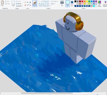 1other absurdres art_program_in_frame colored_skin commentary english_commentary flxphlx from_above grey_skin headphones highres microsoft_paint_(medium) microsoft_paint_(software) other_focus roblox screencap smile solo standing water