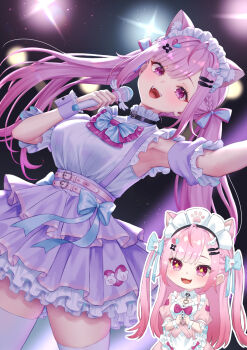 +_+ 1girl :3 absurdres ahoge animal_ears animal_print armpits bandaid bandaid_hair_ornament belt black_choker blue_bow blue_ribbon blush border bow braid breasts cat_choker cat_ears cat_girl cat_print choker cleavage_cutout clothing_cutout commission crossed_bandaids detached_sleeves dress extra_ears fingernails fish_hair_ornament frilled_skirt frills ghost_hair_ornament glitter hair_bow hair_ornament hair_ribbon hairclip heart heart_hair_ornament highres holding holding_microphone indie_virtual_youtuber large_breasts layered_skirt long_hair looking_at_viewer maid maid_headdress mary_is_mine microphone nail_polish o-ring o-ring_choker open_mouth paw_print pink_belt pink_bow pink_dress pink_eyes pink_hair pink_nails pink_ribbon pink_skirt purple_sleeves ribbon shirt short_sleeves skeb_commission skirt smile solo_focus stage stage_lights teeth thighhighs thighs tongue twintails two-tone_ribbon two_side_up upper_teeth_only virtual_youtuber white_border white_shirt white_thighhighs white_wrist_cuffs wing_hair_ornament wrist_cuffs yuuki_sakuna yuuki_sakuna_(1st_costume)