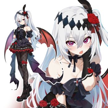 1girl absurdres bat_wings black_bow black_bowtie black_dress bow bowtie breasts commission dress fang feather_hair_ornament feathers fishnets flower hair_bow hair_flower hair_ornament highres itinana mare_(ac8231) open_mouth original red_eyes red_flower red_rose rose skeb_commission small_breasts solo vampire white_hair wings