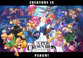 6+girls adapted_costume angel_wings animal_crossing blonde_hair blooper_(mario) bodysuit bowsette breath_weapon breathing_fire captain_falcon character_name claws commentary crown donkey_kong donkey_kong_(series) dress english_text everyone f-zero fire fire_emblem fox_mccloud game_&amp;_watch ganondorf gen_1_pokemon gender_request genderswap glowing glowing_eyes helmet highres hylian_shield ice_climber ice_climbers ike_(fire_emblem) inkling inkling_player_character john_su kid_icarus kirby kirby_(series) kneehighs lens_flare link logo looking_at_viewer mario mario_(series) master_sword metroid mini_crown monado monster_girl mother_(series) mother_2 mr._game_&amp;_watch multiple_girls nana_(ice_climber) necktie ness_(mother_2) new_super_mario_bros._u_deluxe nintendo olimar parody pikachu pikmin_(series) pit_(kid_icarus) plant pokemon pokemon_(creature) power_suit_(metroid) princess_peach ragnell revision ridley salute samus_aran scarf shield shorts_under_dress shulk_(xenoblade) socks splatoon_(series) splattershot_(splatoon) star_fox strap super_crown super_mario_bros._1 super_mushroom super_smash_bros. sword tentacle_hair the_legend_of_zelda thighhighs toad_(mario) tongue tongue_out umbrella varia_suit villager_(animal_crossing) vines weapon wings xenoblade_chronicles_(series) xenoblade_chronicles_1 yoshi