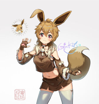 1girl :3 animal_ears animalization bare_shoulders blush breasts brown_gloves brown_hair brown_skirt closed_mouth collar commentary cowboy_shot creature_and_personification crop_top detached_sleeves eevee eevee_ears eevee_tail english_commentary fingerless_gloves fishnet_top fishnets fur-trimmed_sleeves fur_trim gen_1_pokemon gloves grey_hair hair_over_shoulder kyouran_de_onikoushi layered_clothes long_hair midriff miniskirt mixed-language_commentary multicolored_hair navel nintendo paw_print_palms personification pokemon pokemon_(creature) pom_pom_(clothes) print_gloves signature simple_background skirt tail thighhighs two-tone_hair white_background white_thighhighs zettai_ryouiki