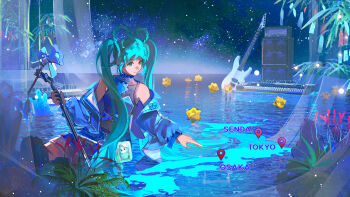 absurdres annahy_48 aqua_eyes aqua_hair blue_jacket blue_skirt braid braided_hair_rings closed_mouth crop_top guitar hair_rings hatsune_miku highres holding holding_microphone_stand instrument jacket long_hair magical_mirai_(vocaloid) magical_mirai_miku magical_mirai_miku_(2025) microphone microphone_stand official_alternate_costume official_alternate_hairstyle open_clothes open_jacket shirt skirt sleeveless sleeveless_shirt small_stellated_dodecahedron smile tanabata twintails very_long_hair vocaloid