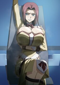 1girl absurdres angry arm_under_breasts arm_up breasts bursting_breasts clenched_teeth code_geass dark eyebrows female_focus highres huge_breasts huge_filesize iwao178 kouzuki_kallen legs_together looking_at_viewer red_hair restrained short_hair sitting solo steam sweat teeth