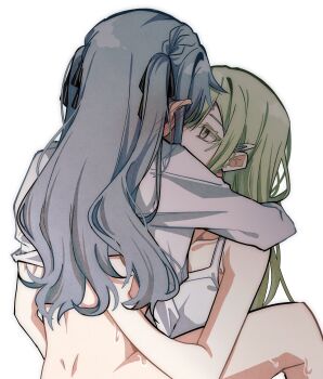2girls absurdres arms_around_neck bang_dream! bang_dream!_it&#039;s_mygo!!!!! between_legs black_ribbon blue_hair blush bottomless camisole clothes_lift collarbone colored_eyelashes commentary ear_blush face-to-face facing_another green_hair hair_ornament hair_ribbon hairclip hand_under_clothes hand_under_shirt hand_up hands_on_another&#039;s_back highres hug legs_up long_hair long_sleeves looking_at_another multiple_girls one_eye_covered pokarii_zuu ribbon shirt shirt_lift simple_background striped_ribbon sweat togawa_sakiko undressing_another wakaba_mutsumi white_background white_camisole white_shirt yellow_eyes yuri