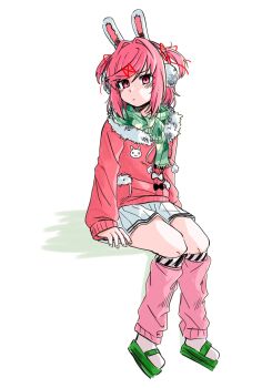 1girl alternate_costume animal_ears cardigan closed_mouth doki_doki_literature_club earmuffs fake_animal_ears fur-trimmed_cardigan fur_trim green_sandals green_scarf hair_intakes hair_ornament hair_ribbon highres invisible_chair kneehighs leg_warmers long_sleeves natsuki_(doki_doki_literature_club) pink_cardigan pink_eyes pink_hair pink_leg_warmers plaid_clothes plaid_scarf pleated_skirt print_cardigan rabbit_ears red_ribbon ribbon sandals scarf short_hair simple_background sitting skirt sleeves_past_wrists slides socks solo ting_mong two_side_up white_background white_skirt white_socks