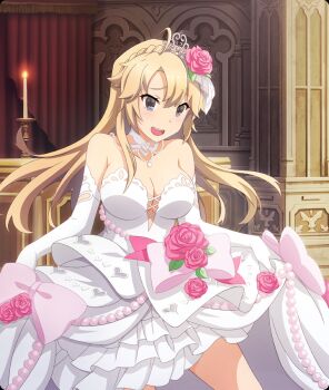 1girl :d ahoge blonde_hair blush bow braid breasts candle candlestand cleavage clothing_cutout collarbone crown_braid detached_collar dress elbow_gloves flower game_cg gloves grey_eyes hair_flower hair_ornament heart_cutout kohagura_ellen large_bow large_breasts long_hair looking_at_viewer official_art open_mouth pink_bow pink_flower pink_rose rose skirt_hold smile solo strapless strapless_dress string_of_pearls teeth third-party_source tiara toji_no_miko toji_no_miko:_kizamishi_issen_no_tomoshibi upper_teeth_only wedding_dress white_dress white_gloves