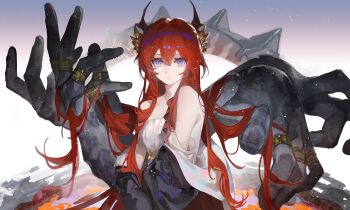 Rule 34 | 1girl, absurdres, ambience synesthesia, arknights, bare shoulders, black horns, black jacket, chinese commentary, closed mouth, commentary, disembodied hand, dress, expressionless, hair between eyes, highres, horns, jacket, jiuxiaoshi, long hair, looking at viewer, multicolored jacket, off shoulder, official alternate costume, open clothes, open jacket, purple eyes, red hair, solo, star (sky), surtr (arknights), surtr (prelude to transcendence) (arknights), two-tone jacket, upper body, white dress, white jacket