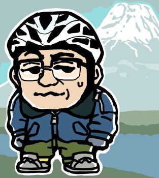 1boy bkub blue_jacket character_request closed_mouth copyright_request day full_body glasses gloves green_pants grey_gloves grey_shoes helmet jacket long_sleeves male_focus mountain outdoors outline pants shoes solo standing white_helmet white_outline zipper