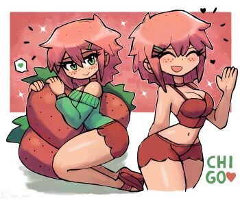1girl absurdres blush breasts chigo_(tony_welt) choker cleavage closed_eyes food freckles fruit green_eyes green_sweater hair_ornament hairclip heart highres large_breasts looking_at_viewer midriff multiple_views navel off-shoulder_sweater off_shoulder open_mouth original oversized_food oversized_object personification pink_hair red_background red_sandals red_shirt red_shorts sandals shirt short_hair shorts sitting smile sparkle speech_bubble spoken_heart standing strawberry sweater tank_top thick_thighs thighs tony_welt waving wide_hips