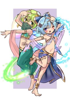 2girls absurdres alternate_costume barefoot blue_bow blue_hair bow bra cirno daiyousei dancer dancing esujii_(sg_gush_wak) fairy fairy_wings green_eyes green_hair green_pants hair_bow halterneck harem_pants highres ice ice_wings mouth_veil multiple_girls navel one_eye_closed pants petite short_hair smile stole stomach touhou underwear veil white_bra wings