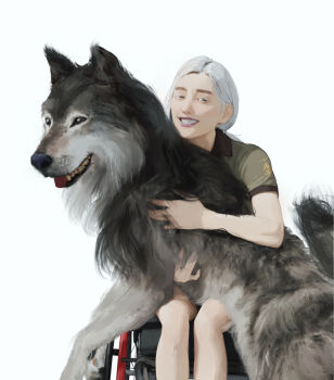 1girl absurdres atamagaitai commentary contemporary elden_ring english_commentary grin highres latenna_the_albinauric lobo_(elden_ring) polo_shirt simple_background sitting smile solo wheelchair white_background white_hair wolf