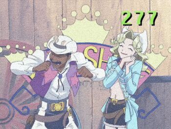 Rule 34 | animated, animated gif, belt, breasts, cowboy bebop, cowboy hat, dark-skinned male, dark skin, facial hair, hat, judy (cowboy bebop), mustache, punch (cowboy bebop), skirt
