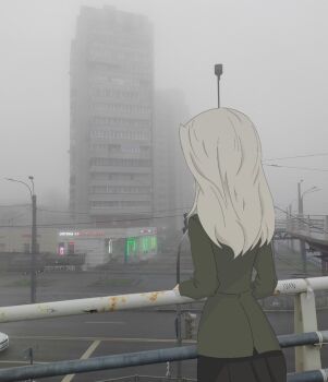 1girl artist_name city clara_(girls_und_panzer) fog green_skirt highres non-web_source parody pravda_school_uniform russia saint_petersburg school_uniform skirt white_hair