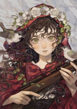 1girl absurdres animal animal_on_head bird bird_on_head blouse blush brown_eyes brown_hair cloak curly_hair flower_wreath gun hair_between_eyes hair_vines head_wreath highres holding holding_weapon long_hair long_sleeves on_head original parted_lips plant red_cloak rifle sayoko_(sayosny2) shirt smile solo sparrow vines weapon white_shirt