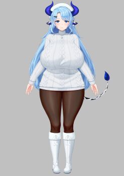 1girl absurdres animal_ears animal_print arms_at_sides blue_eyes blue_hair blue_horns blue_pupils boots breasts bright_pupils closed_mouth cow_ears cow_girl cow_tail cream_cod full_body hair_ornament hairclip hat highres horns huge_breasts indie_virtual_youtuber jewelry long_hair long_sleeves miilkywayz mole mole_under_eye mole_under_mouth necklace official_art open_hands pantyhose parted_bangs pom_pom_(clothes) second-party_source sidelocks simple_background sleeves_past_wrists solo standing star-shaped_pupils star_(symbol) straight-on sweater symbol-shaped_pupils tachi-e tail thick_thighs thighs turtleneck turtleneck_sweater virtual_youtuber white_background white_boots white_hat white_sweater