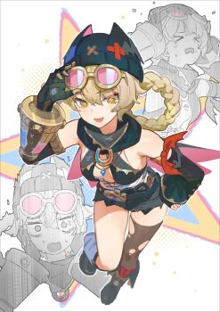 Rule 34 | > <, 1girl, black shorts, blonde hair, braid, braided hair rings, breasts, ddal, fang, genshin impact, goggles, goggles on head, hair rings, hat, highres, jahoda (genshin impact), prosthesis, prosthetic arm, scared, shorts, single thighhigh, skin fang, small breasts, star-shaped pupils, star (symbol), symbol-shaped pupils, thighhighs, torn clothes, torn thighhighs, yellow eyes