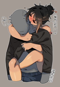 1boy 1girl bite_mark biting biting_ear ergot grabbing_from_behind hair_bun hair_ornament hairpin heart messy_hair original saliva saliva_trail short_hair sidelocks spoken_heart tina_(ergot) translation_request uncommon_stimulation undressing_another