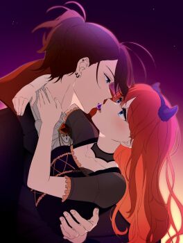 Rule 34 | 1boy, 1girl, absurdres, arms around neck, black dress, blue eyes, candy, cape, commentary, dress, earrings, eye contact, fake horns, food, halloween, halloween costume, hetero, highres, horns, hug, imminent kiss, jewelry, long hair, looking at another, piercing, ponytail, re:zero kara hajimeru isekai seikatsu, red hair, symbol-only commentary, tamakiwachi, theresia van astrea, vampire costume, wilhelm (re:zero)