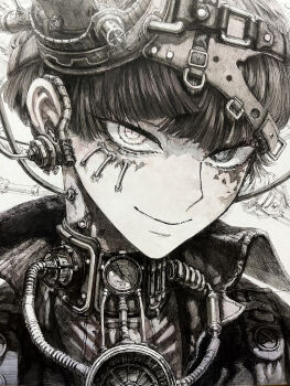 1girl absurdres anti-eyebrow_piercing buttons cheek_piercing face_piercing greyscale headgear heterochromia highres industrial_pipe looking_at_viewer mihiro_00122 monochrome original piercing pressure_gauge short_hair smile solo steampunk valve white_background