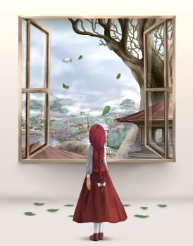 1girl aircraft arms_at_sides bow braid brown_shoes building cloud cloudy_sky dirigible from_behind hair_bow highres indoors leaf loafers long_braid long_hair long_sleeves looking_outside okazaki_yumemi open_window red_hair red_skirt red_vest river shirt shoes single_braid skirt sky socks solo standing teruteru12 touhou touhou_(pc-98) town tree vest white_bow white_shirt white_socks wide_shot window