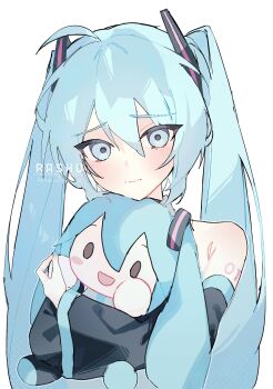 1girl absurdres ahoge aqua_eyes aqua_hair aqua_nails bare_shoulders blue_eyes blush closed_mouth commentary_request detached_sleeves hair_between_eyes hair_ornament hatsune_miku highres holding holding_stuffed_toy long_hair looking_at_viewer number_tattoo rashu_kaito simple_background sleeveless smile solo stuffed_animal stuffed_toy tattoo twintails very_long_hair vocaloid white_background worried