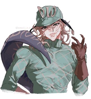 1boy aqua_eyes aqua_helmet aqua_sweater argyle_clothes argyle_sweater blonde_hair blue_tail brown_gloves clawed_gauntlets commentary_request cracked_skin diego_brando dinosaur_tail gloves hand_up helmet jojo_no_kimyou_na_bouken long_sleeves looking_at_viewer male_focus medium_hair scary_monsters_(stand) simple_background slit_pupils smile solo stand_(jojo) steel_ball_run sweater tail turtleneck turtleneck_sweater twitter_username upper_body uzuki_uzu white_background