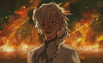 Rule 34 | 1boy, braid, coat, commentary, embers, fate/grand order, fate (series), fire, grey eyes, grey trim, hair between eyes, hair over shoulder, highres, icecoldblackfuel, long hair, looking at viewer, male focus, marisbury animusphere, open mouth, outdoors, parted bangs, single braid, smile, solo, upper body, white coat, white hair