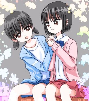 2girls black_hair brown_eyes commentary_request floral_background flower multiple_girls oda_shuuki open_mouth original short_hair sitting skirt smile twintails yuri